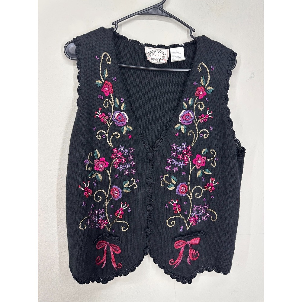 Vintage Erika Knit Vest Womens LARGE Black Embroidered Floral Boho Cottagecore